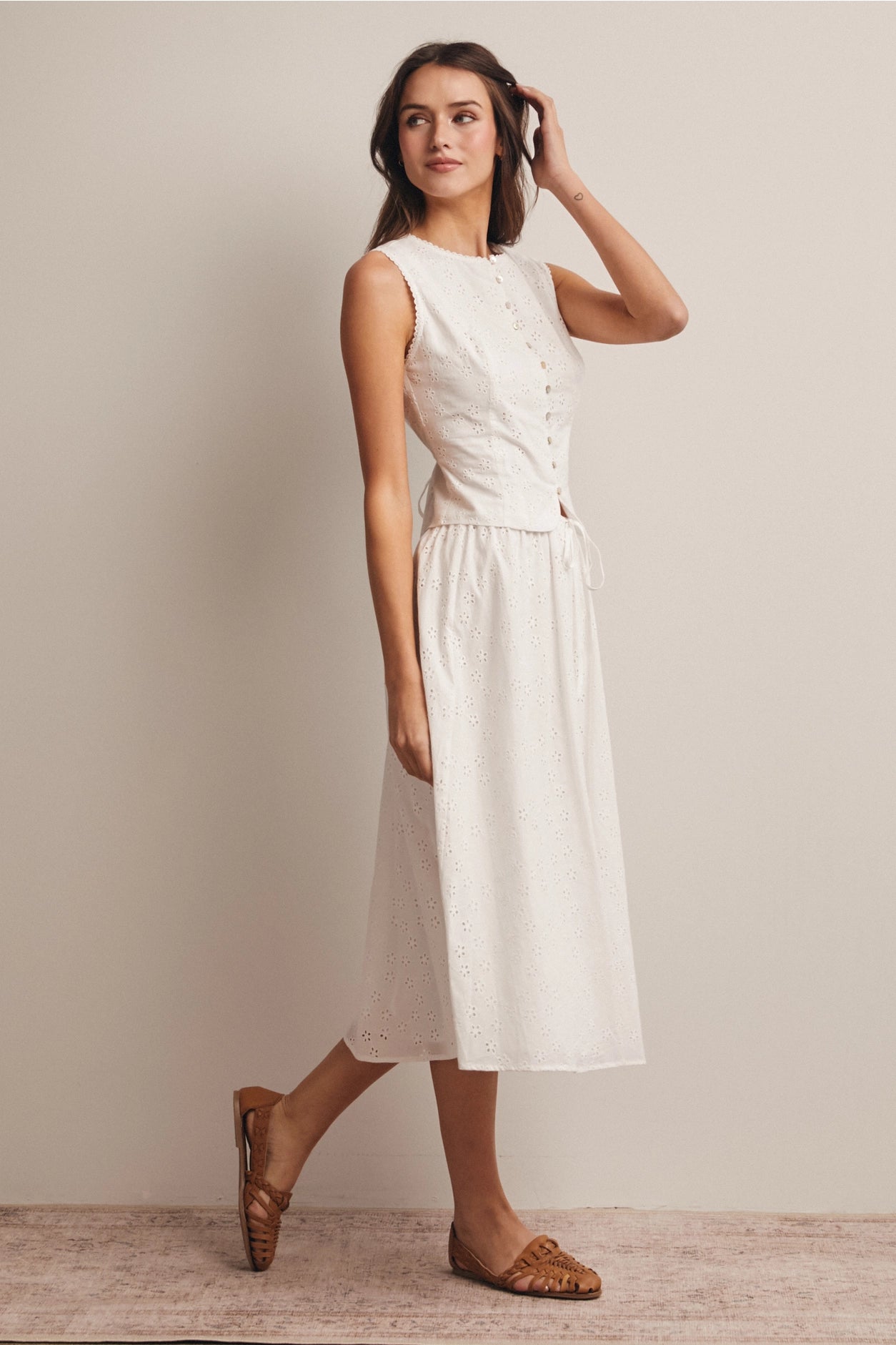 Drawstring Eyelet Midi Skirt