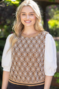 36851 Contrast Sleeve Floral Crochet Stripe Banded Top