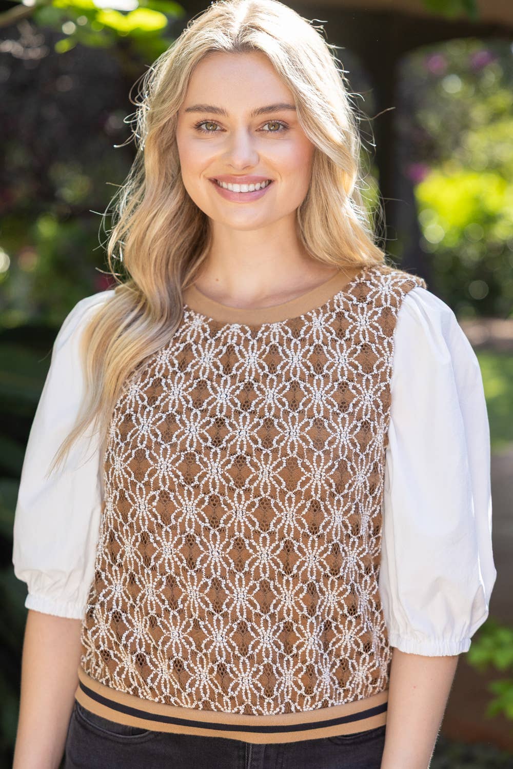 36851 Contrast Sleeve Floral Crochet Stripe Banded Top