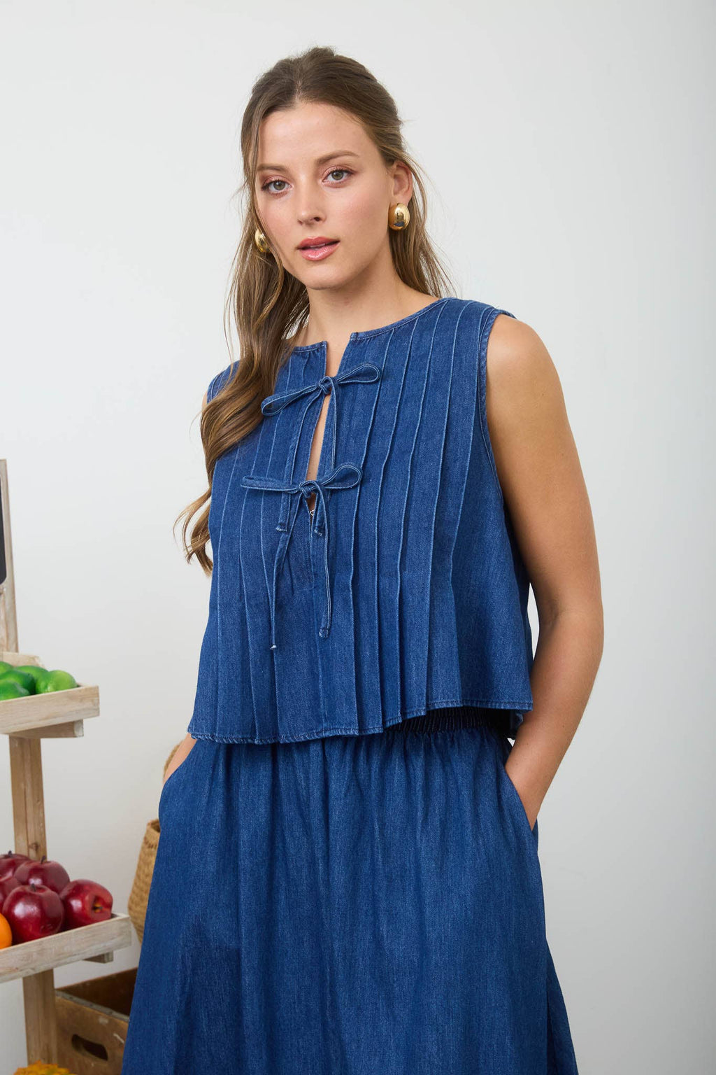blu pepper FRONT TIE PINTUCK DETAIL SLEEVELESS DENIM BLOUSE