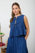 blu pepper FRONT TIE PINTUCK DETAIL SLEEVELESS DENIM BLOUSE
