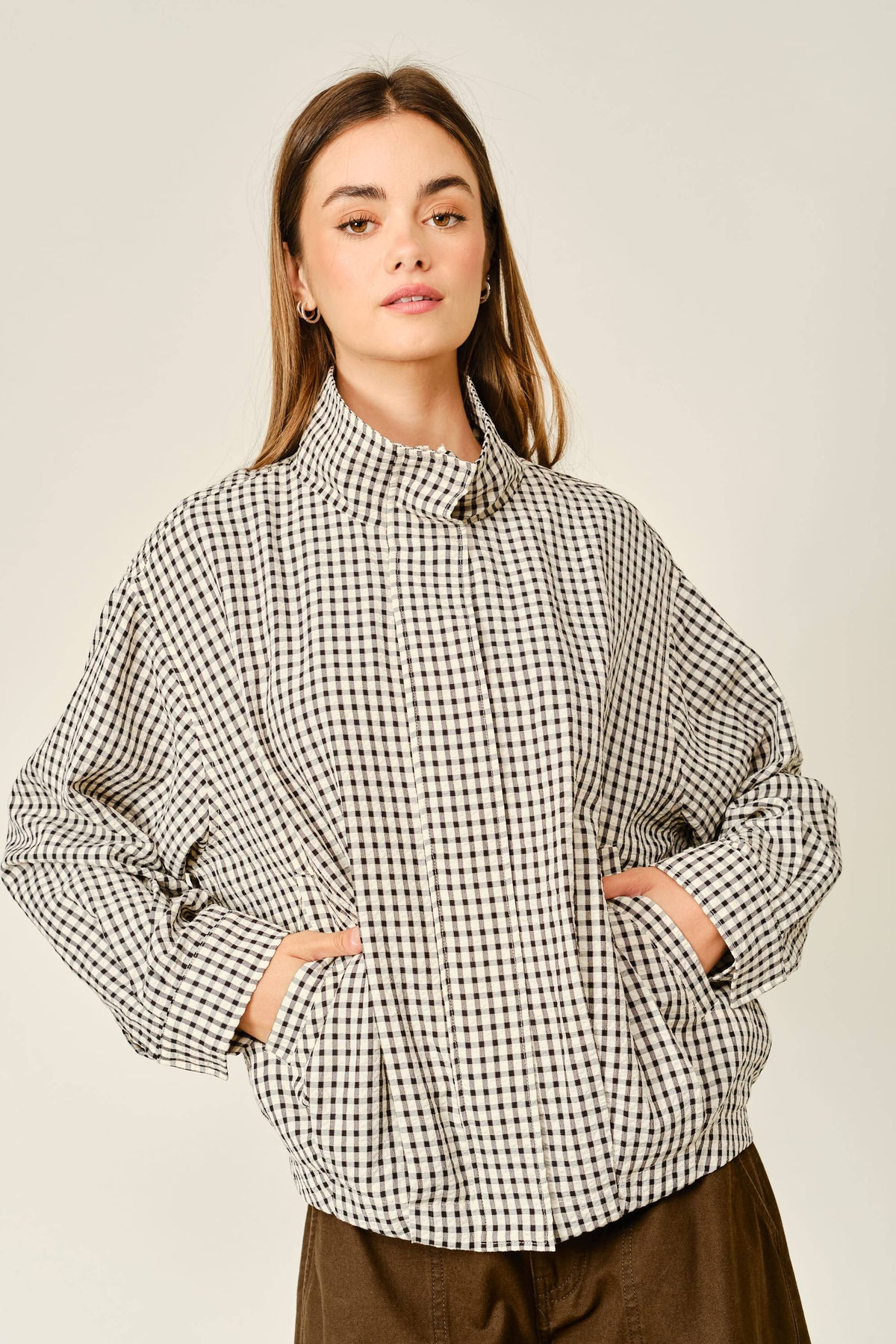 PLAID FUNNEL NECK BOMBER JACKET