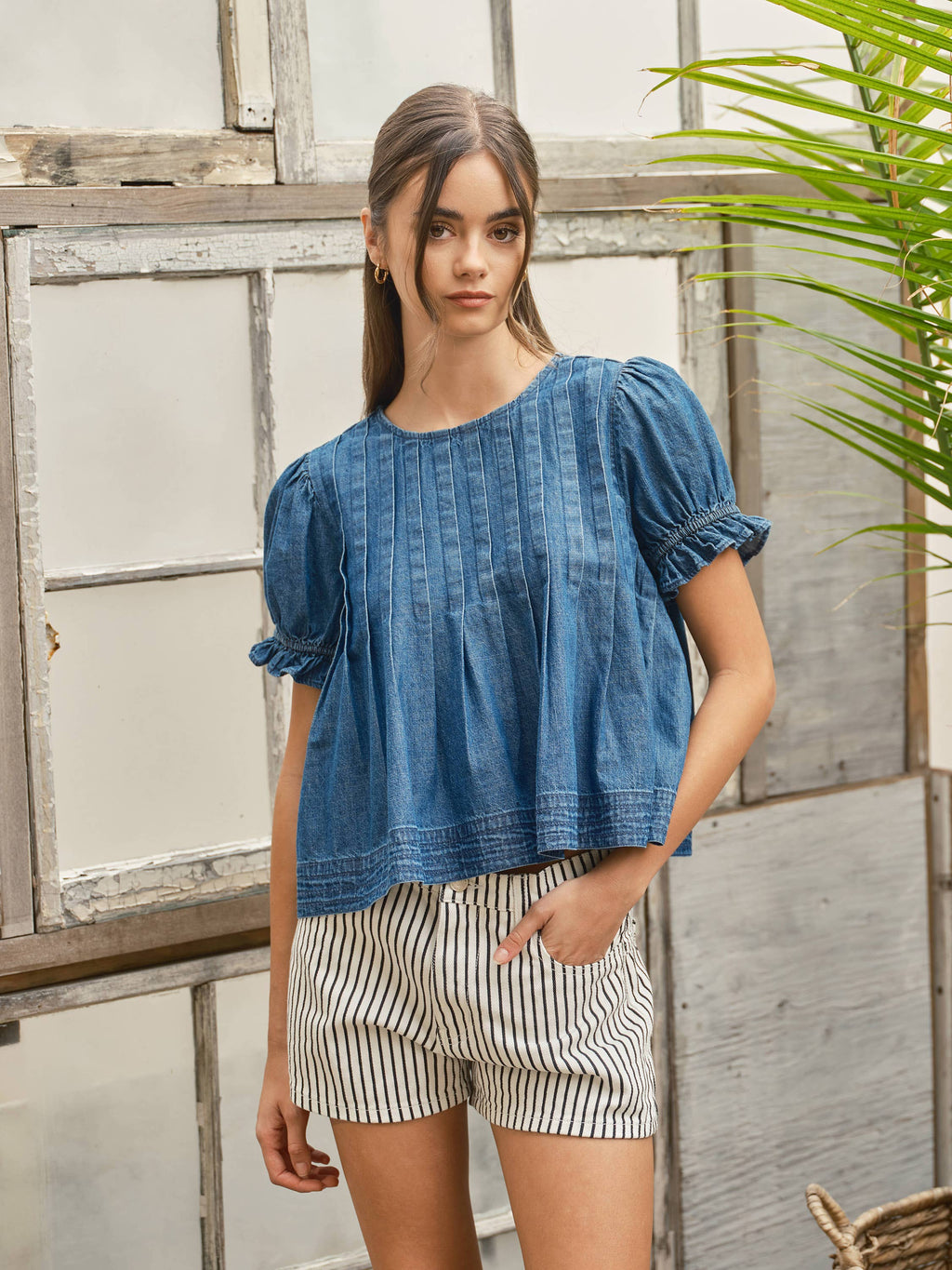 Short Sleeve Denim Pleated Puff Sleeve Top